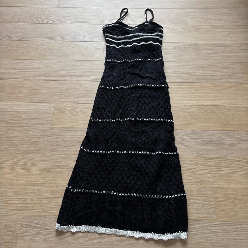 Olive+Oak BOHO CONTRASTING BINDING SWEETHEART POINTELLE CROCHET KNIT MAXI DRESS